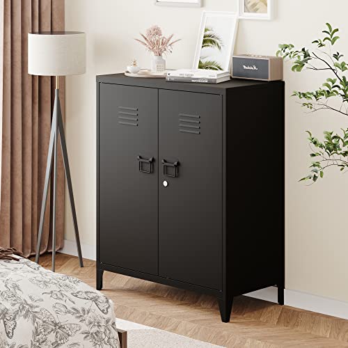 Metal Storage Cabinet with Lock, Locking Cabinets with 2 Doors and Shelves, Lockable Steel Locker Cupboard, Small Sideboard Buffet Cabinet for Home Office - color: Black, size: 40"H