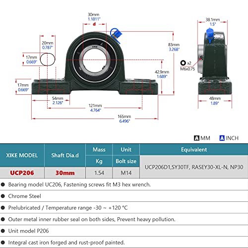XIKE 2 Pcs UCP206 Bore 30 mm Pillow Block Mounted Ball Bearings. - size: UCP206 Bore 1-3/16"
