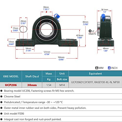 XIKE 2 Pcs UCP206 Bore 30 mm Pillow Block Mounted Ball Bearings. - size: UCP206 Bore 1-3/16"
