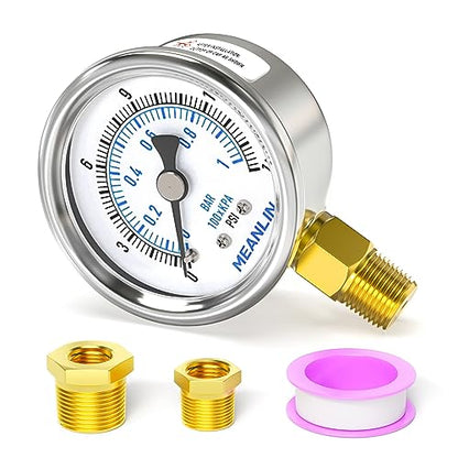 MEANLIN MEASURE 0~15Psi Dry Low Pressure Gauge Stainless Steel 1/4" NPT 2" FACE DIAL Waterproof for Water Oil Air Well Pump Tank Tire Pressure Test Lower Mount, with 1/2" NPT and 3/8" NPT Hex Bushing - size: 0-15Psi