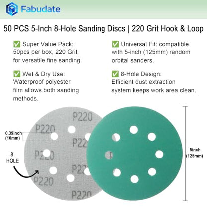 5 Inch 8 Hole 220 Grit Hook&Loop Wet/Dry Heavy-Duty Sanding Discs 50PK - size: 220 Grit
