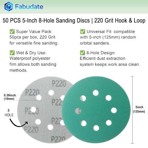5 Inch 8 Hole 220 Grit Hook&Loop Wet/Dry Heavy-Duty Sanding Discs 50PK - size: 220 Grit