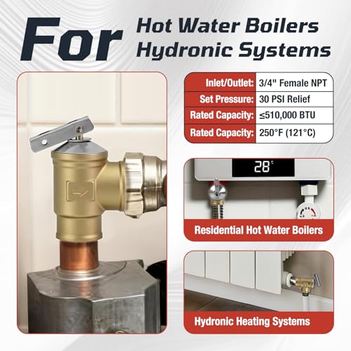 3/4" FNPT Female Inlet & Outlet – 30 PSI Automatic Pressure Relief Valve for Hot Water Boilers & Hydronic Heating Systems, Durable Lead-Free Brass, Up to 510,000 BTU
