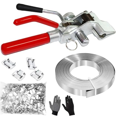 Steel Banding Strapping Kit Strapping Tool Pallet Metal Belt Packaging Tensioner and Cutter Machine with 100pcs Buckle 3/4" x 100 Feet Steel Banding Coil