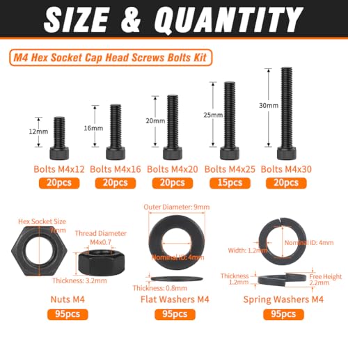 12.9 Grade M4 Screws Assortment Kit, 380pcs Bolts and Nuts Washers Set - size: M4 Bolts and Nuts Washers 12-30mm