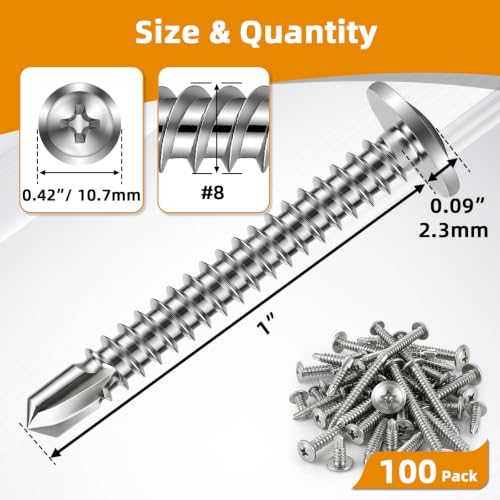 Mellewell #8 x 1 Wafer Head Self Drilling Screws Wood Screws, Truss Head Fast Self Tapping Sheet Metal Screws, 410 Stainless Steel, 100 PCS - color: Silver, size: #8 x 1"