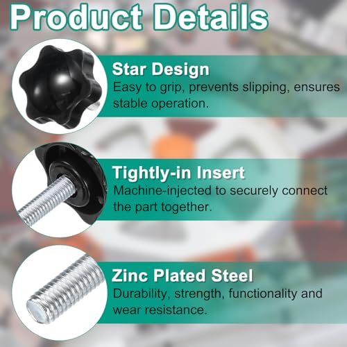 uxcell 8pcs Star Clamping Knobs with Nuts Washers, M6 x 45mm Metric Zinc Plated Carbon Steel Male Thread 32mm 6-Star Plastic Head, Threaded Stud Hand Knobs Handles Thumb Screws, Black - size: M6 x 45mm