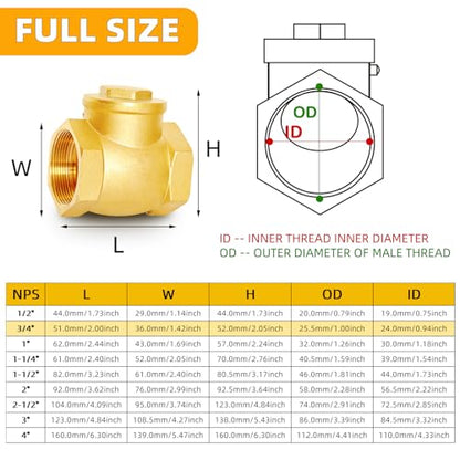 3/4" NPT Horizontal Swing Check Valve, Brass Heavy-Duty Female Thread, DN20 - size: 3/4 inch