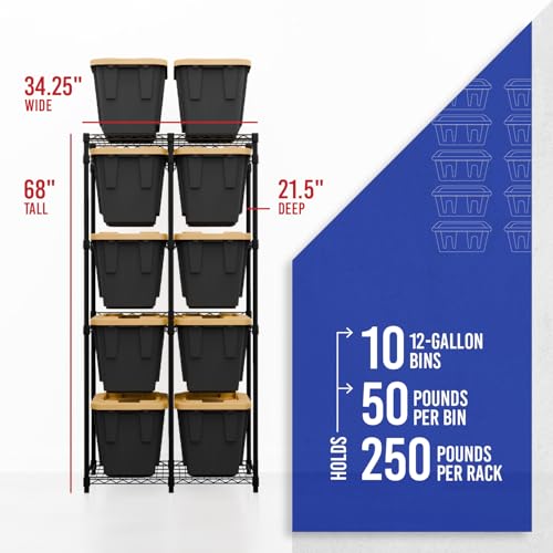 SafeRacks Bin Storage Rack with 10 Bins, 12-Gal Totes, Black - color: Black
