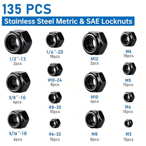 135 Pack Black 304 A2-70 Nylon Insert Lock Nuts, SAE & Metric - color: Black, size: Metric&SAE