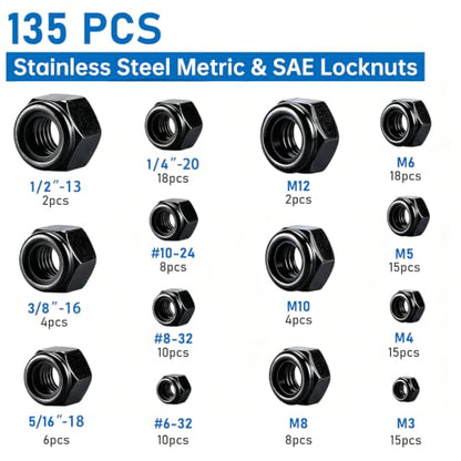 135 Pack Black 304 A2-70 Nylon Insert Lock Nuts, SAE & Metric - color: Black, size: Metric&SAE