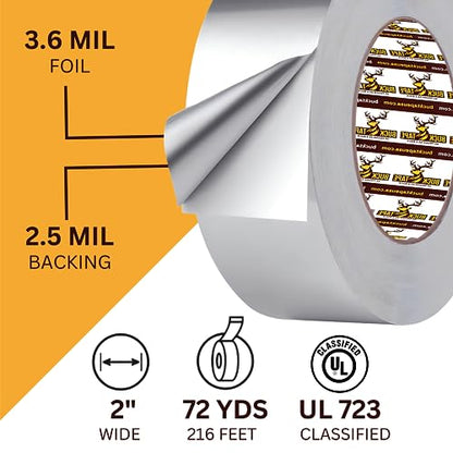4 Pack Buck Aluminum Foil Tape – 2 Inch x 216ft (72 yd), 3.6 Mil – HVAC Tape for Ductwork, AC, Dryer Vents & Insulation – Silver Foil Tape for Metal Repair, Exhaust Sealing & Air Conditioning - size: 2 Inch, style: 4 Pack