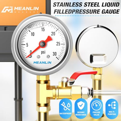 MEANLIN MEASURE 0~30Psi Stainless Steel 1/8" NPT 1.5" FACE DIAL, Glycerin Filled Pressure Gauge, Liquid Filled, Water Oil Air, Lower Mount, with 1/4" NPT and 3/8" NPT Hex Bushing - size: 0-30Psi