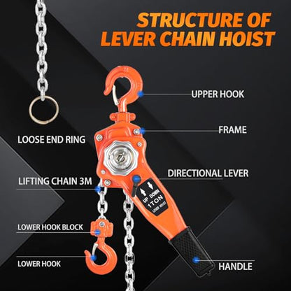 Lever Chain Hoist 1 Ton 2205LBS Capacity,10FT Lift Come Along,Manual Ratchet Chain Puller Hoist with 2 Hooks for Building Garages Warehouse Automotive Machinery