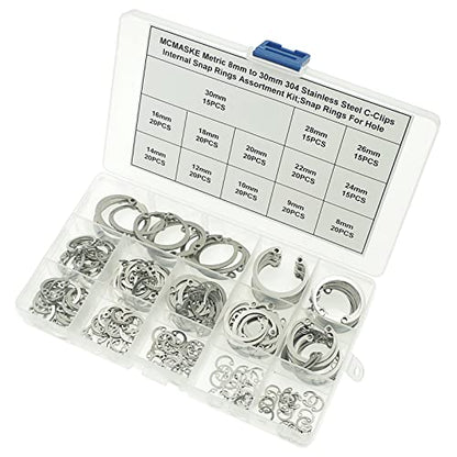240PCS Metric 8-30mm 304 SS Internal Snap Rings C-Clips Kit