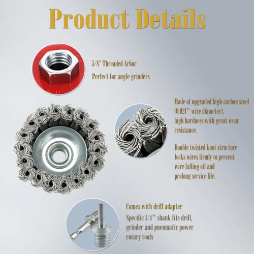 4Pcs 3" Knotted Wire Cup Brush for 4-1/2" Angle Grinder, Carbon Steel Wire Brush for Heavy Rust, Corrosion, Paint Removal, Fits 5/8"-11 UNC Arbor(with 2 Pcs 1/4" Shank Drill Adapter) - style: 3" Knotted Wire Cup Brush