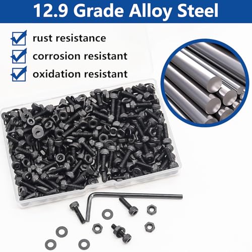 300PCS M3 x 10mm Hex Socket Head Cap Screws with Nuts and Washers, 12.9 Grade Alloy Steel M3 Bolts with Hex Wrench - color: BK-M3 x 10mm