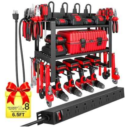 Power Tool Organizer Wall Mount, 8-Outlet Charging Station, 4 Drill Holders - size: 16.5" Width 3-Tier
