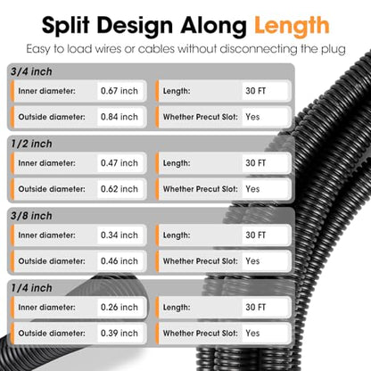 Wire Loom 1/4", 3/8", 1/2", 3/4 Inch x 30 FT, Split Wire Loom Tubing Wire Conduit, Cable Sleeves Bulk Flexible Electrical Conduit Protective kit, Black