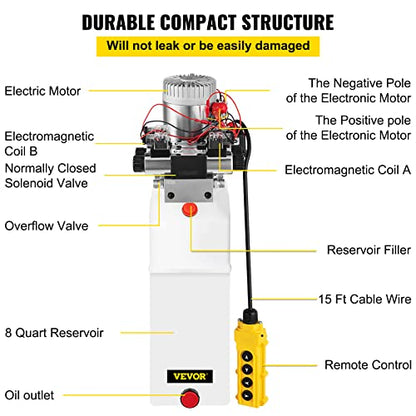 VEVOR Hydraulic Pump 12V DC Hydraulic Power Unit Double Acting Double Solenoid Hydraulic Power Pack Unit with 8L Plastic Tank Max Pressure 200 Bar for Car Liftng
