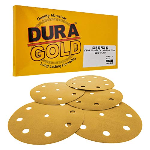 Dura-Gold 5" Gold Sanding Discs, 320 Grit, Box of 50, 9 Hole Pattern, H & L - size: 320-Grit