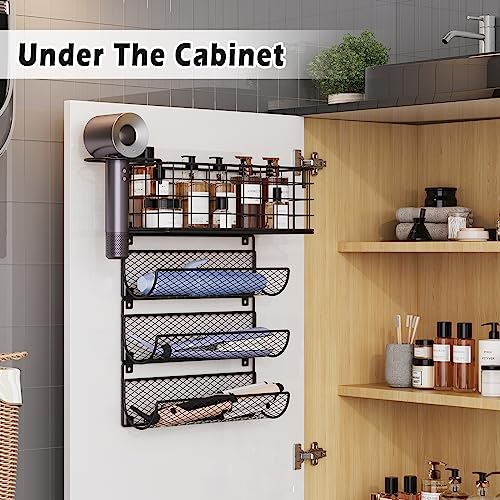 Wall-Mounted Hair Dryer Holder Styling Tool Organizer 4-Shelf Storage Wire Basket with Hook Heat Safe Rack for Hair-Straighteners,Curling Wands,Flat Iron,Perfume,Cabinet Door Bathroom Kitchen - color: BLACK-1 Basket & 3 Shelf