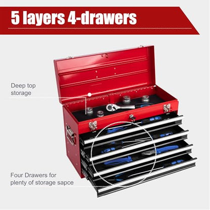Heavy Duty Metal Tool Box, 21-inch, Portable Metal Tool Box with 4 Drawers, Small Tool Chest with EVA Liners, Ball Bearing Slide Drawers Locking & Powder Coated Finish, Multi-Function Tool Organizer - color: Tool Box-black&red