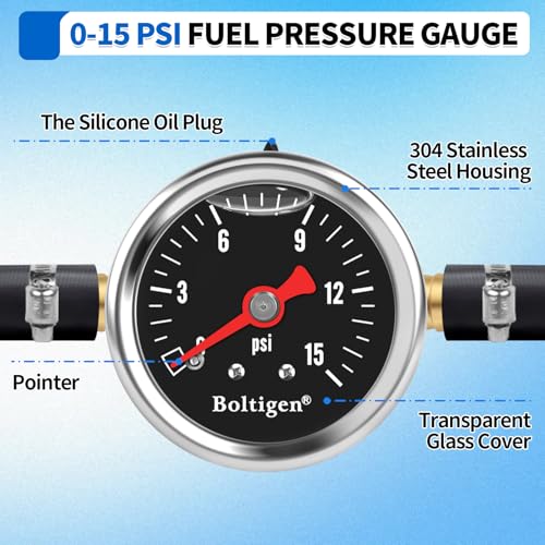 Boltigen Fuel Pressure Gauge, 1/8'' NPT Inline Fuel Pressure Guage Kit with 3/8'' Barb, Stainless Steel, 0-15Psi Glycerin Filled, Center Back Mount (Black) - color: Black