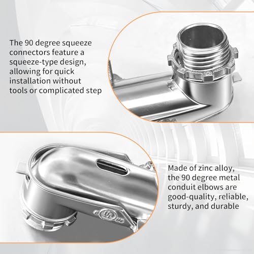 6 Pcs 90° Squeeze Connectors, Zinc Die Cast, 1/2 Inch Flexible Metal Conduit (1/2) - size: 1/2in