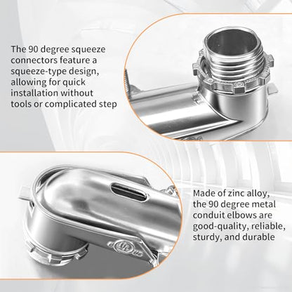 6 Pcs 90° Squeeze Connectors, Zinc Die Cast, 1/2 Inch Flexible Metal Conduit (1/2) - size: 1/2in