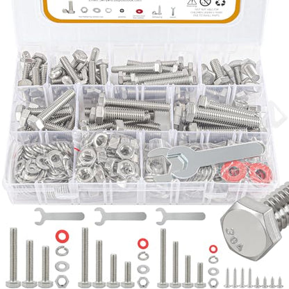 300pcs Hex Bolts and Nuts kit,304 Stainless Steel 1/4-20, 5/16-18,3/8-16 Bolts and Nuts Assortment kit (Lock & Flat Washers), Stainless Bolt Assortment, Stainless Steel Bolts and nut kit - size: 1/4-20, 5/16-18,3/8-16