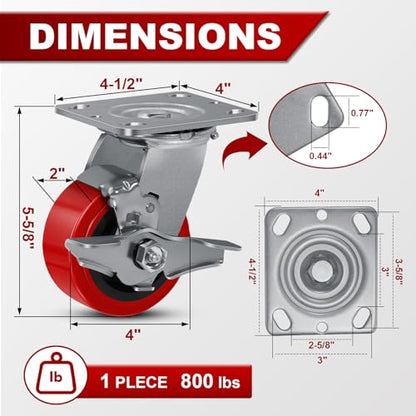 4"x 2" Heavy Duty Industrial Casters, Polyurethane on Polyolefin Core Wheel- Capacity up to 3200 Lbs (Set of 4), Use for Platform Truck, Industrial Equipment (2 Brake & 2 Rigid) - style: Size: 4 "