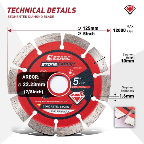 EZARC 5 Inch Segmented Diamond Blade, 7/8"-20mm-5/8 Arbor, 2-Pack - size: 5 Inch