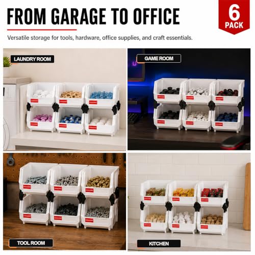 6 Pack Stackable Plastic Parts Bins, 5x4x3 in, White - color: White-6 Pack, size: 5"x4"x3"