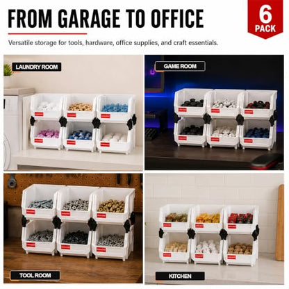 6 Pack Stackable Plastic Parts Bins, 5x4x3 in, White - color: White-6 Pack, size: 5"x4"x3"