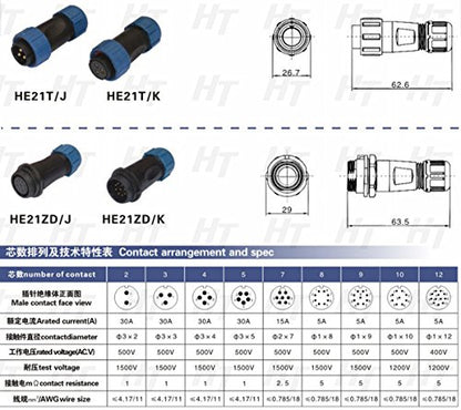 HangTon HE21 8 Pin Electrical Connector Circular Waterproof Aviation Quick Disconnect Cable Male Female Plug Socket Outdoor