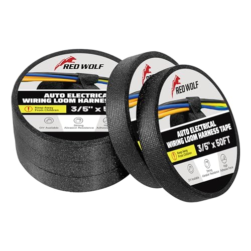 RED WOLF Wire Electrical Tape, 3/5 Inch x 50 Feet 5-Roll, Felt Cloth Electric Tape Noise Dampening High Temp Wiring Loom Harness, Self-Adhesive Fabric Tape for Automotive Engines Wrap Protection