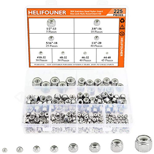 HELIFOUNER 225 Pieces 8 Sizes Nylon Insert Hex Lock Nut Assortment Kit, 304 Stainless Steel (#4-40 to 1/2"-13) - size: #4-40 to 1/2"-13 (225 pcs)
