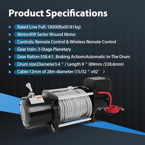 18000LBS Electric Winch, 18000lbs 12V Winch Steel Cable Winch, 18000LBS Winch ATV UTV Truck Winch, with Wireless and Hand Remote Controller, Control Box Assembly,4 Way Roller Fairlead,Hook