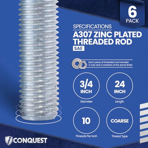 Conquest A307 Zinc Plated Threaded Rod 3/4"-10 x 24 - size: 3/4"-10 x 2'