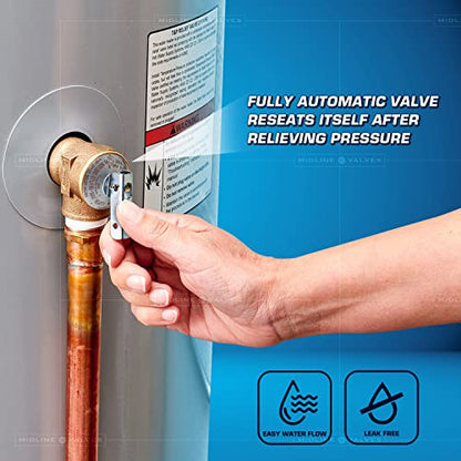 Midline Valve GUHW-QSW256-5 Pressure Relief Valve, for Tankless Water Heater, Lead Free, Full Port, Forged Brass, 3/4 in. FIP x MIP Connection (5 Pack) - style: 5 Pack