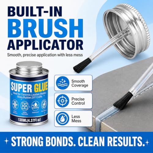 Super Glue with Brush 130ml, All Purpose Clear Strong Adhesive Waterproof Instant Glue Gel for Wood Ceramic Glass Leather Plastic Rubber Metal DIY Crafts Industrial Repairs