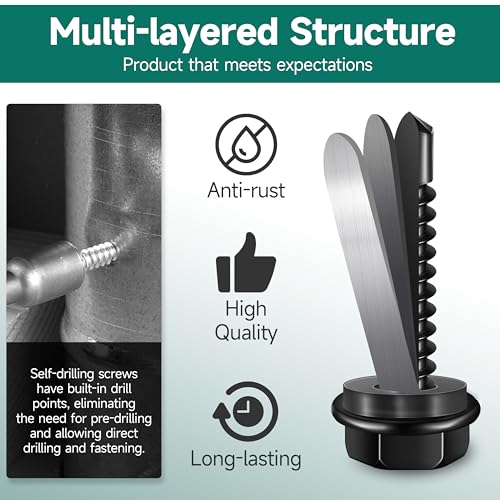 100Pcs #8 x 1-1/2" Sheet Metal Screws, 410 Stainless Steel Self Drilling Hex Head Black Self Tapping Screws for Metal with Drill Bit - color: Black, size: #8 x 1-1/2"