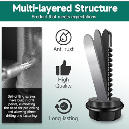 50Pcs #8 x 2 Sheet Metal Screws, 410 Stainless Steel Self Drilling Hex Head Black Self Tapping Screws for Metal with Drill Bit - color: Black, size: #8 x 2"