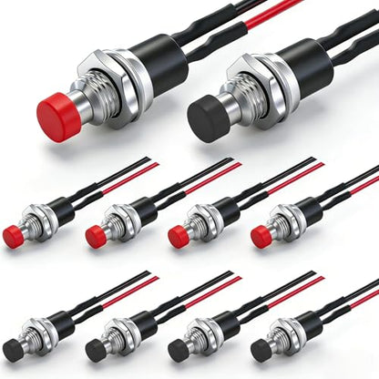 Twidec/10PCS 3V-6V-12V-24V-250V Momentary Push Button Switch 2 Pins ON/Off SPST 7mm Black and Red Normal Open 1A Mini Round Button Switch with Pre-soldered Wires PBS-110-XBKR - color: Black＆Red-7mm, size: Momentary