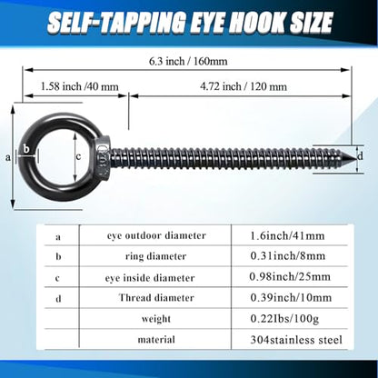 OHIYO 6.3 Inch Heavy Duty Eye Hooks M10 Self Tapping Eyelet Screw Load Capacity 850 LBS Heavy Duty Screw in Eye Hooks for Hammock Stand, Swing Chair, Yoga, Heavy Indoor & Outdoor Uses (Black) - color: Black - Eye Hook
