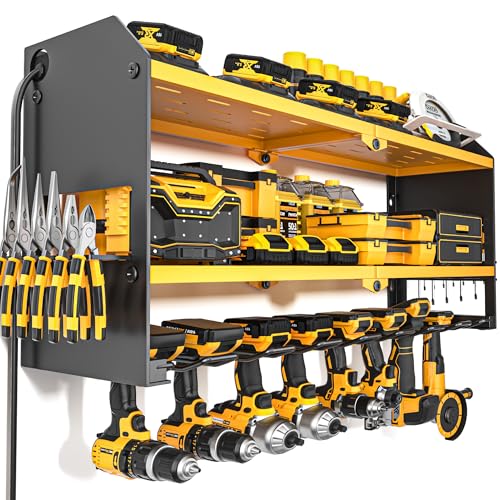 YYR Power Tool Organizer with Charging Station Wall Mount, Cordless Drill and Battery Holder for Garage Organization, Electric Tools Storage Rack Build in Surge Protection Power Strip - Yellow Shelf - color: Yellow, size: with Power Strip