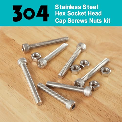 M8 x 10mm 20mm 30mm 40mm Hex Socket Head Cap Screws Bolts and Nuts, Stainless Steel 304, Bright Finish, Metric Allen Drive, Fully Thread, Assortment Kit 48PCS - size: Socket M8x10-40mm+Nuts
