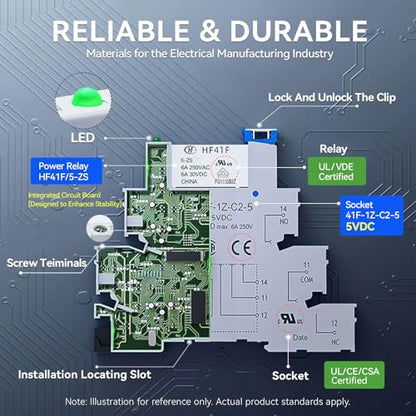 3 Pcs Miniature 5 Volt DC Relay HF41F/5-ZS 5 Pin 1NO 1NC 6A SPDT with LED Indicator, Socket Base and DIN Rail Module - size: 5V DC