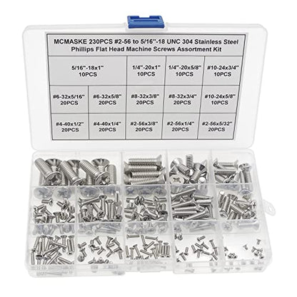 #2-56 to 5/16"-18 UNC 304 SS Phillips Flat Head Machine Screws Kit